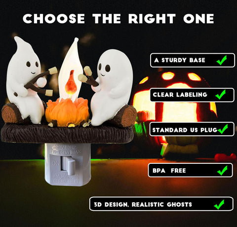 nlaa Marshmallow-roasting ghosts on a nightlight with a rugged black base.