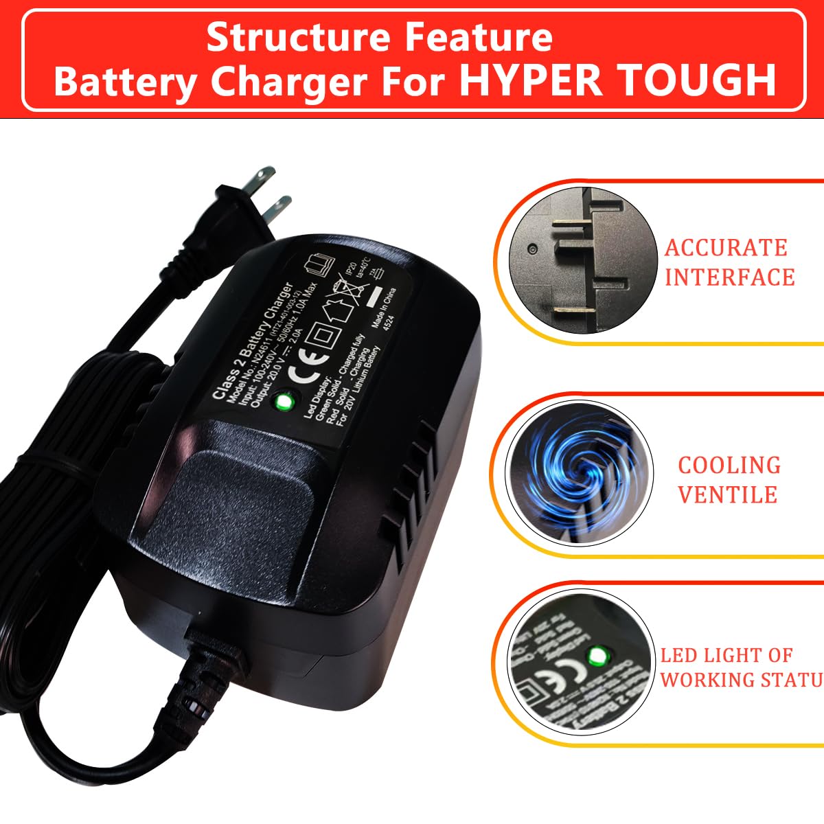 nlkvilla Hyper Tough 20V fast charger LED indicators show charging status clearly.