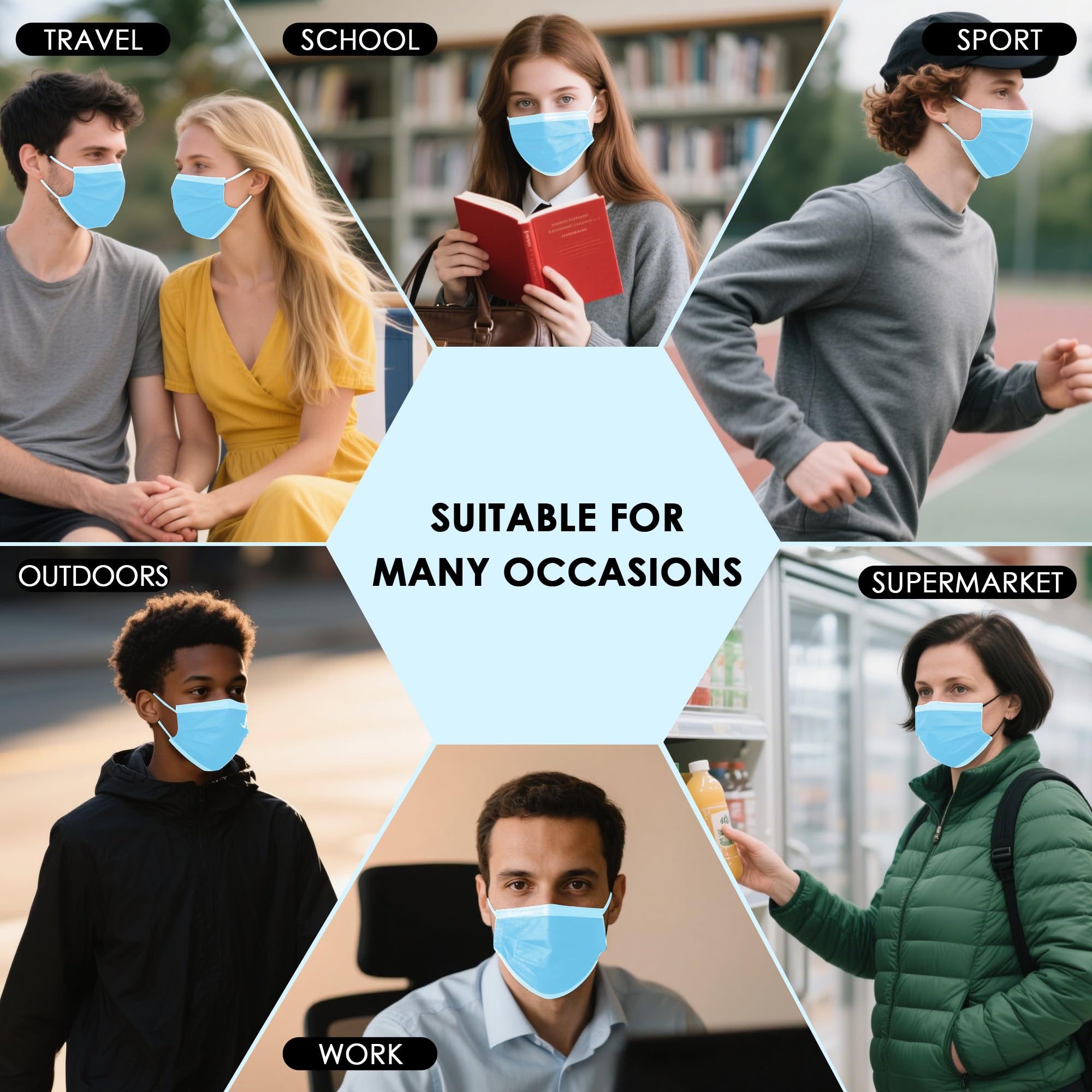 NNPCBT blue masks worn on an adult face for daily activities.