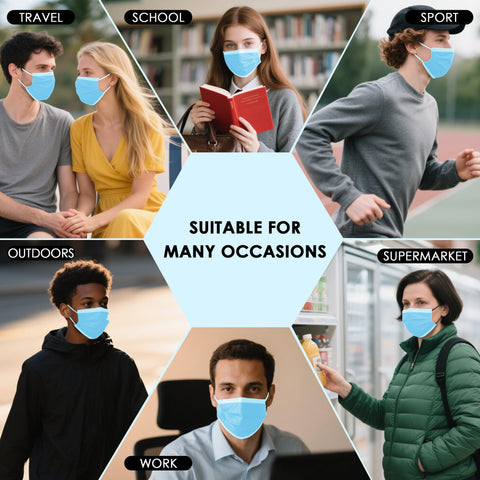 NNPCBT blue masks worn on an adult face for daily activities.