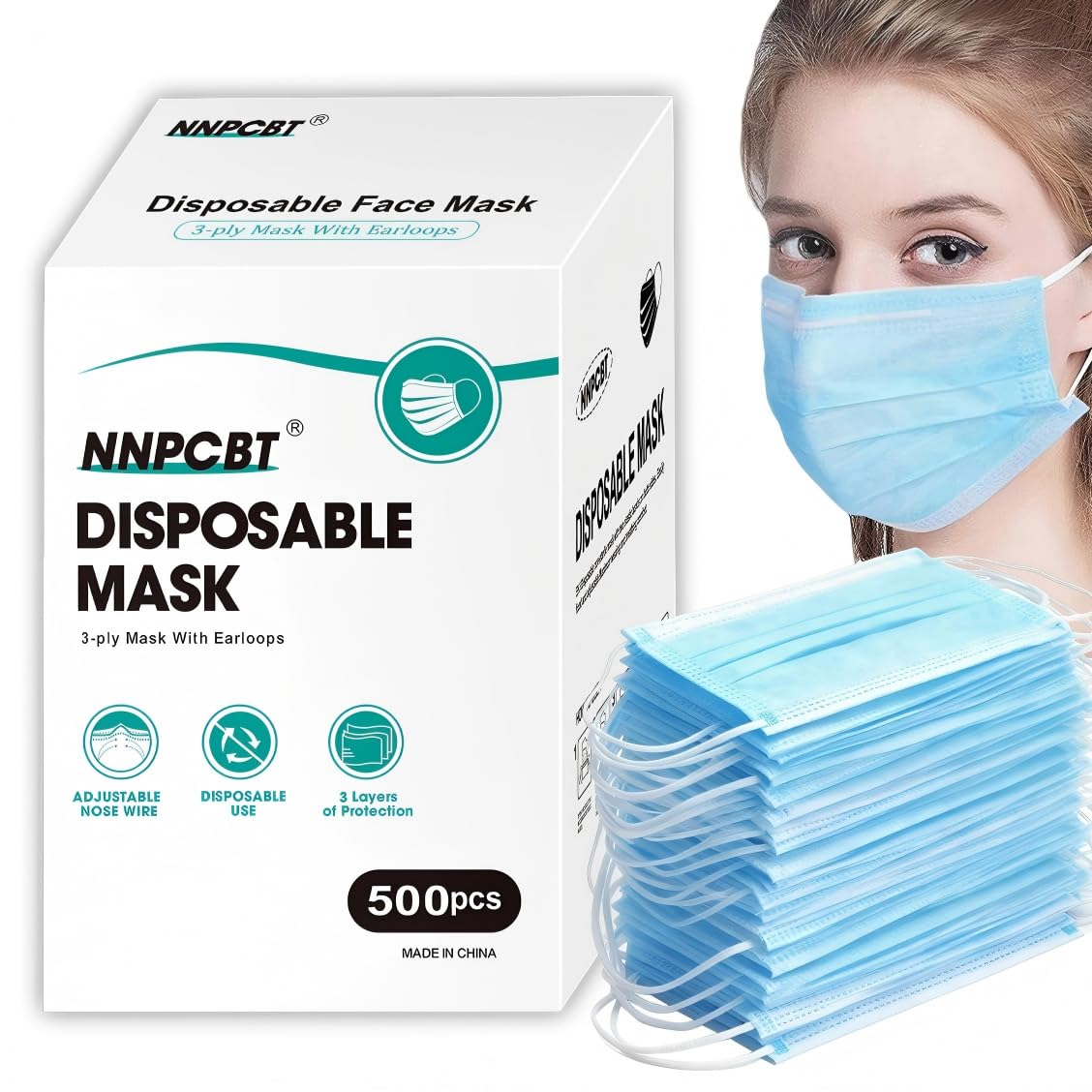 NNPCBT blue disposable masks packaging for bulk office and home use.