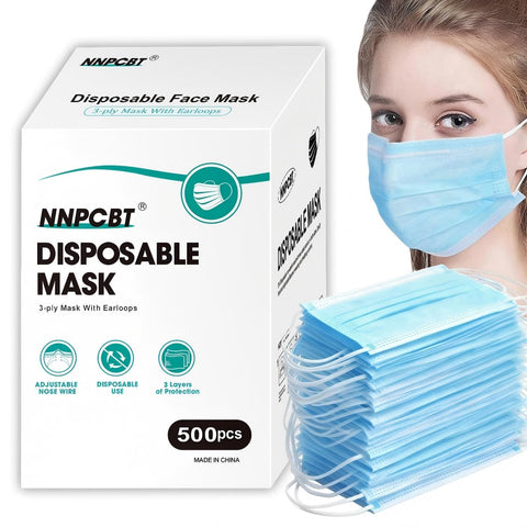 NNPCBT blue disposable masks packaging for bulk office and home use.