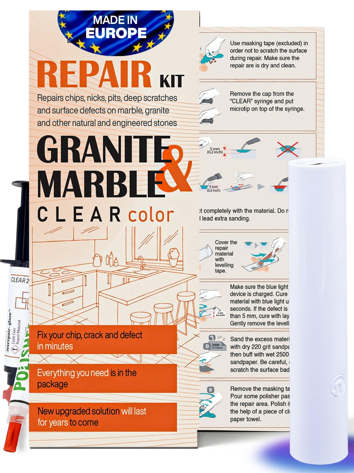 NNREPAIR marble-granite-quartz repair kit with clear material for seamless chip repair