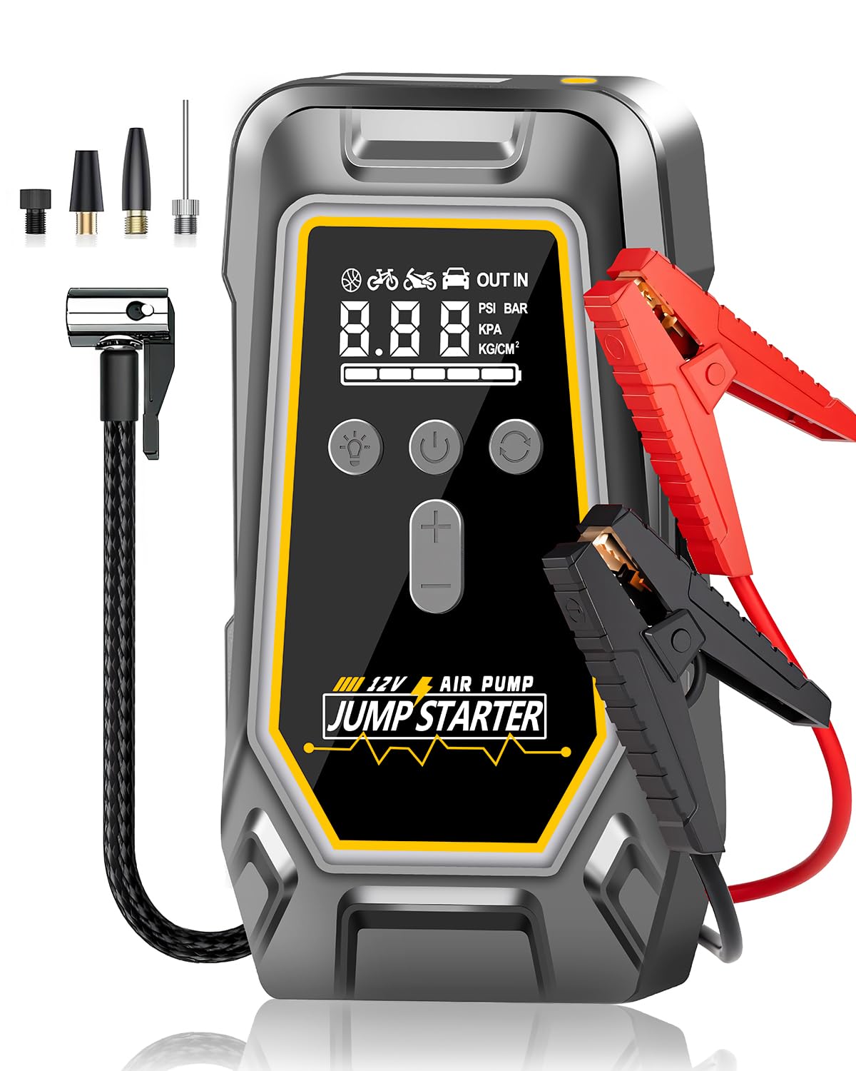 NOBIWA jumpstarter and air compressor front view for quick roadside power.