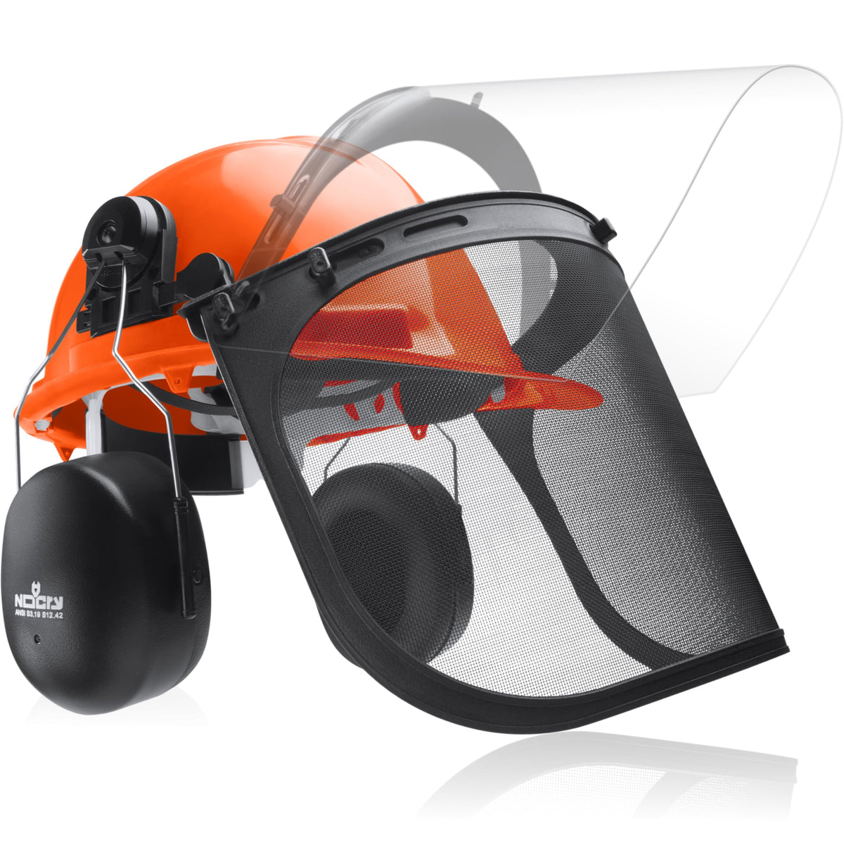 NoCry 6-in-1 chainsaw helmet with face shield for integrated head and eye protection