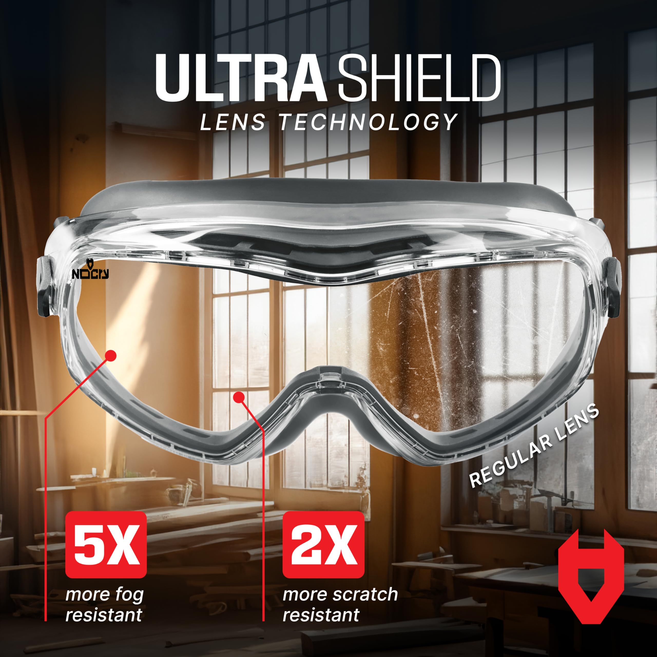 NoCry anti fog lab goggles feature adjustable headband for secure all-day fit.