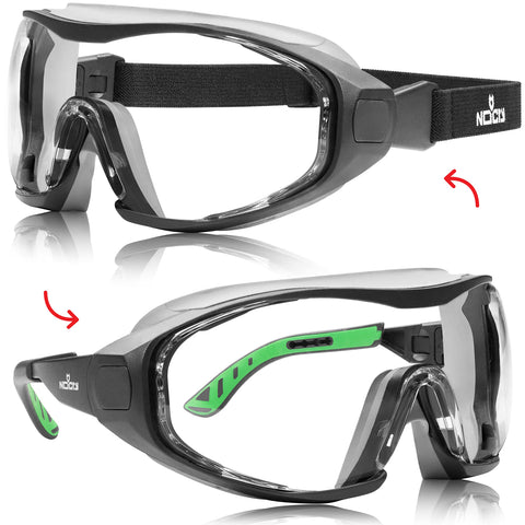 NoCry anti fog safety goggles front view with adjustable headband for comfort