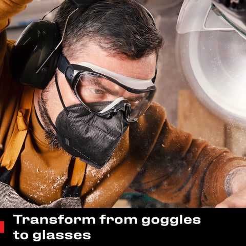NoCry safety goggles close-up shows anti scratch coating and UV protection