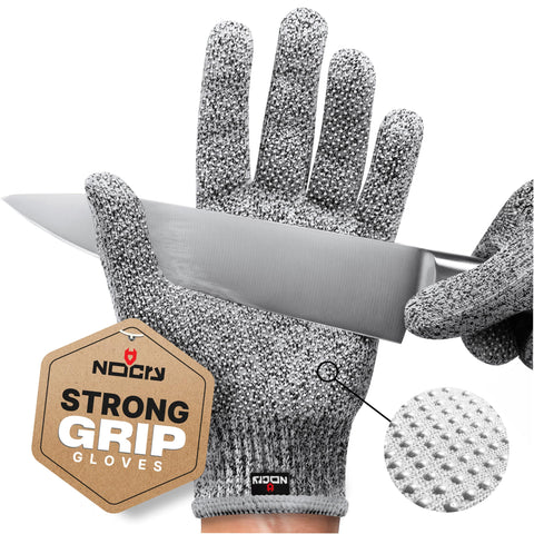NoCry cut-resistant gloves with grip dots for secure grip while chopping and slicing.
