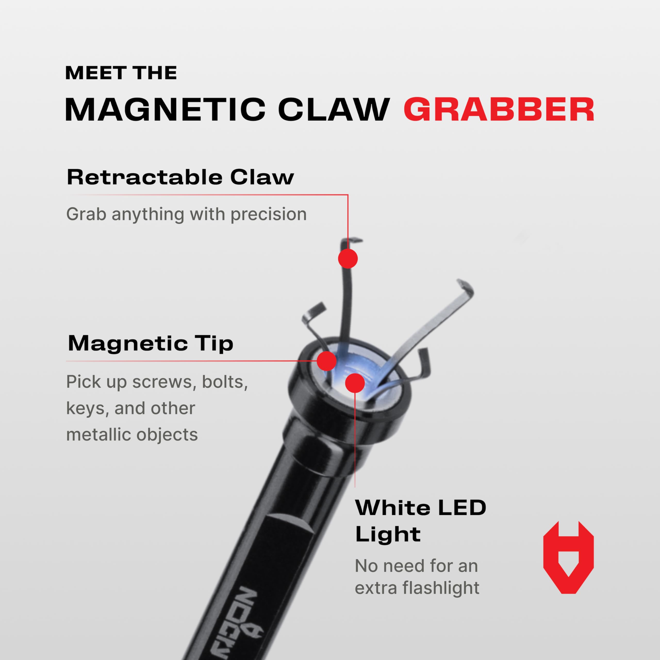 NoCry grabber with LED light illuminating tight spaces for precise pickups.