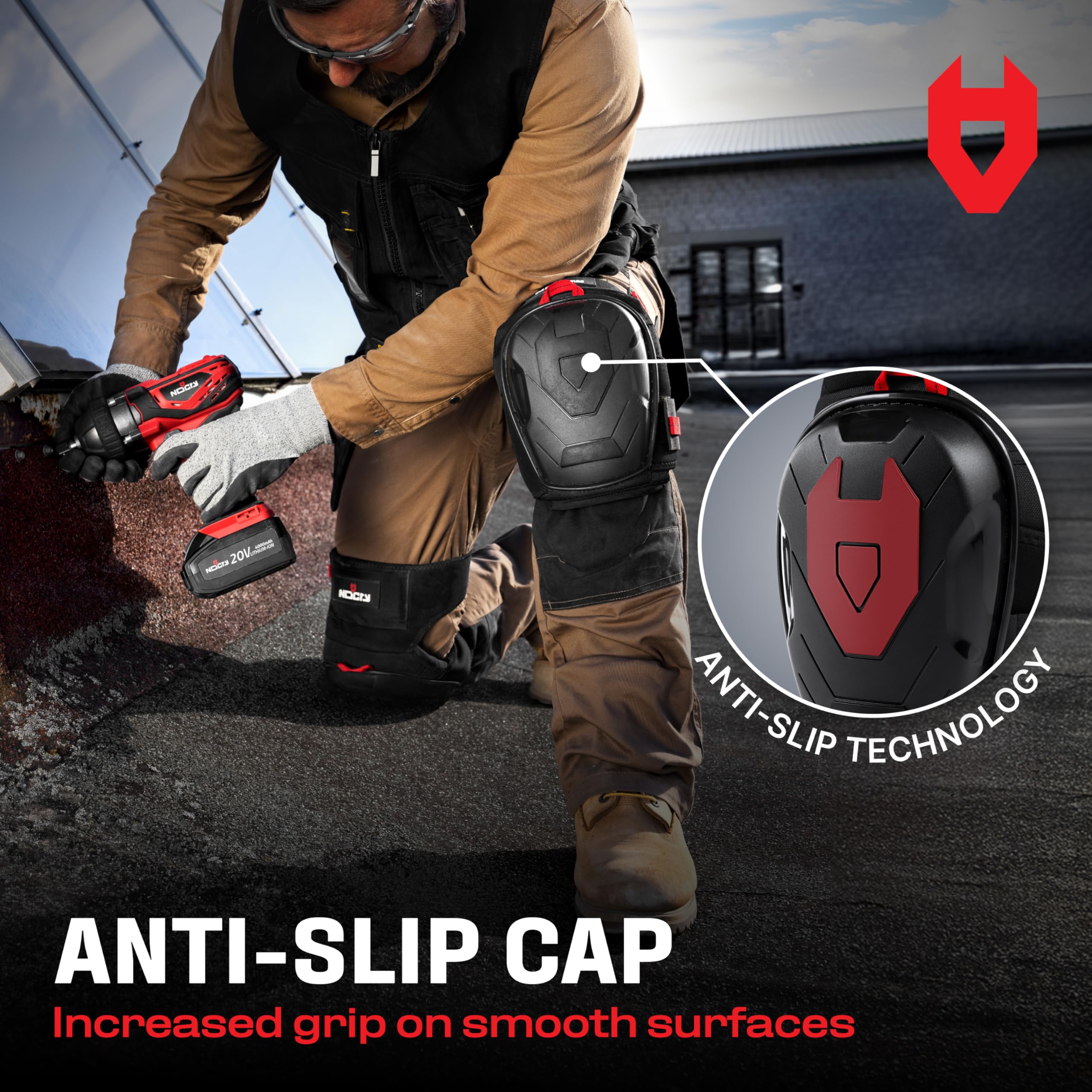 NoCry knee pads demonstrating reinforced pull loops for quick adjustments.