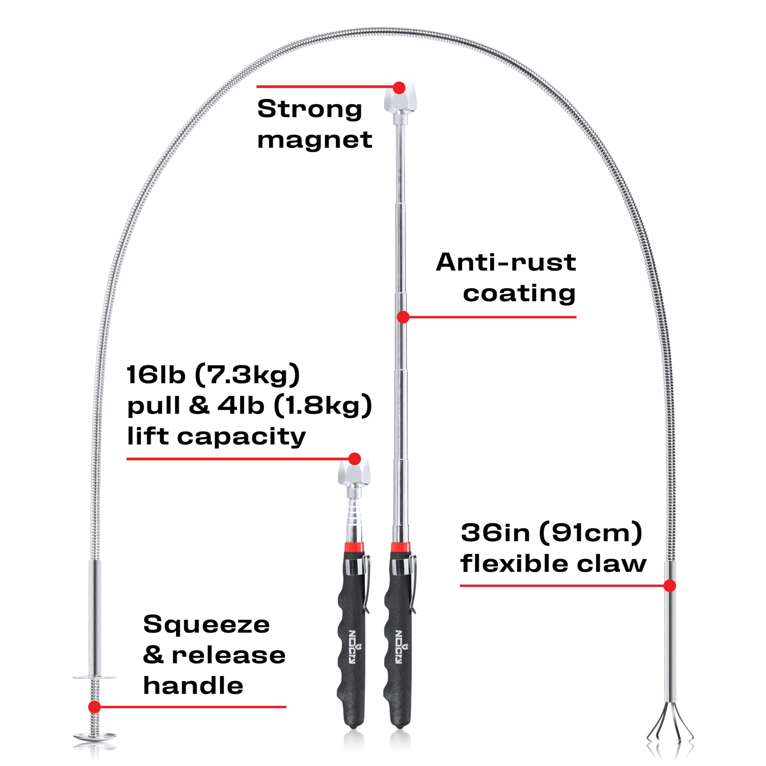 NoCry telescoping magnetic stick extended to reach distant metal parts.