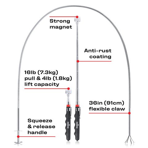 NoCry telescoping magnetic stick extended to reach distant metal parts.