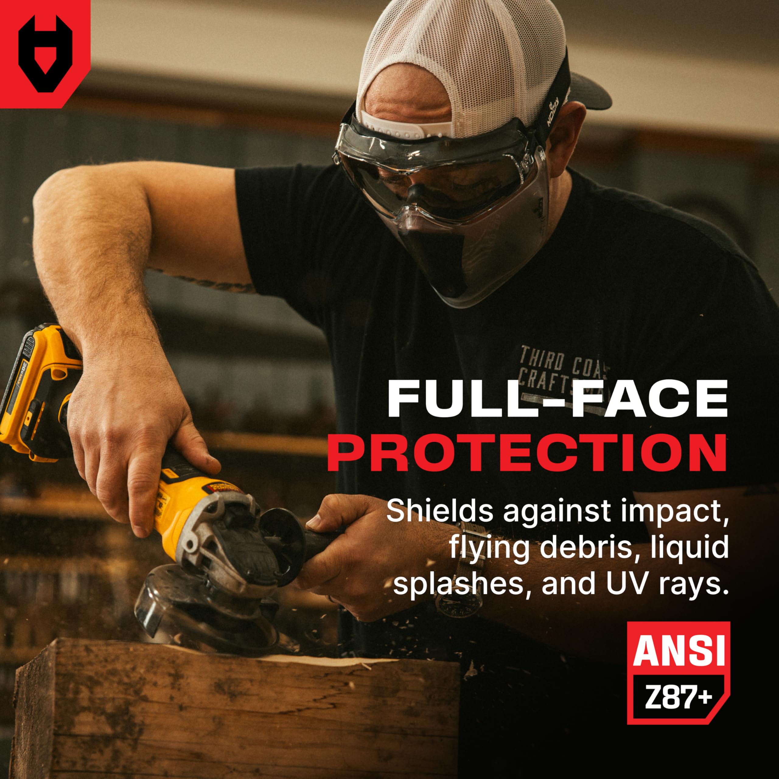 NoCry face shield fits over glasses for prescription wearers during tasks.