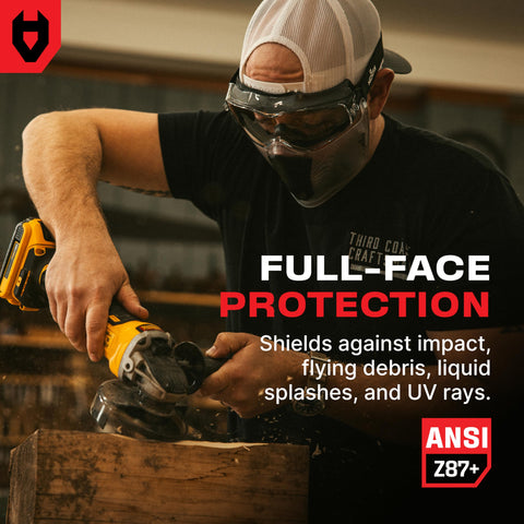 NoCry face shield fits over glasses for prescription wearers during tasks.