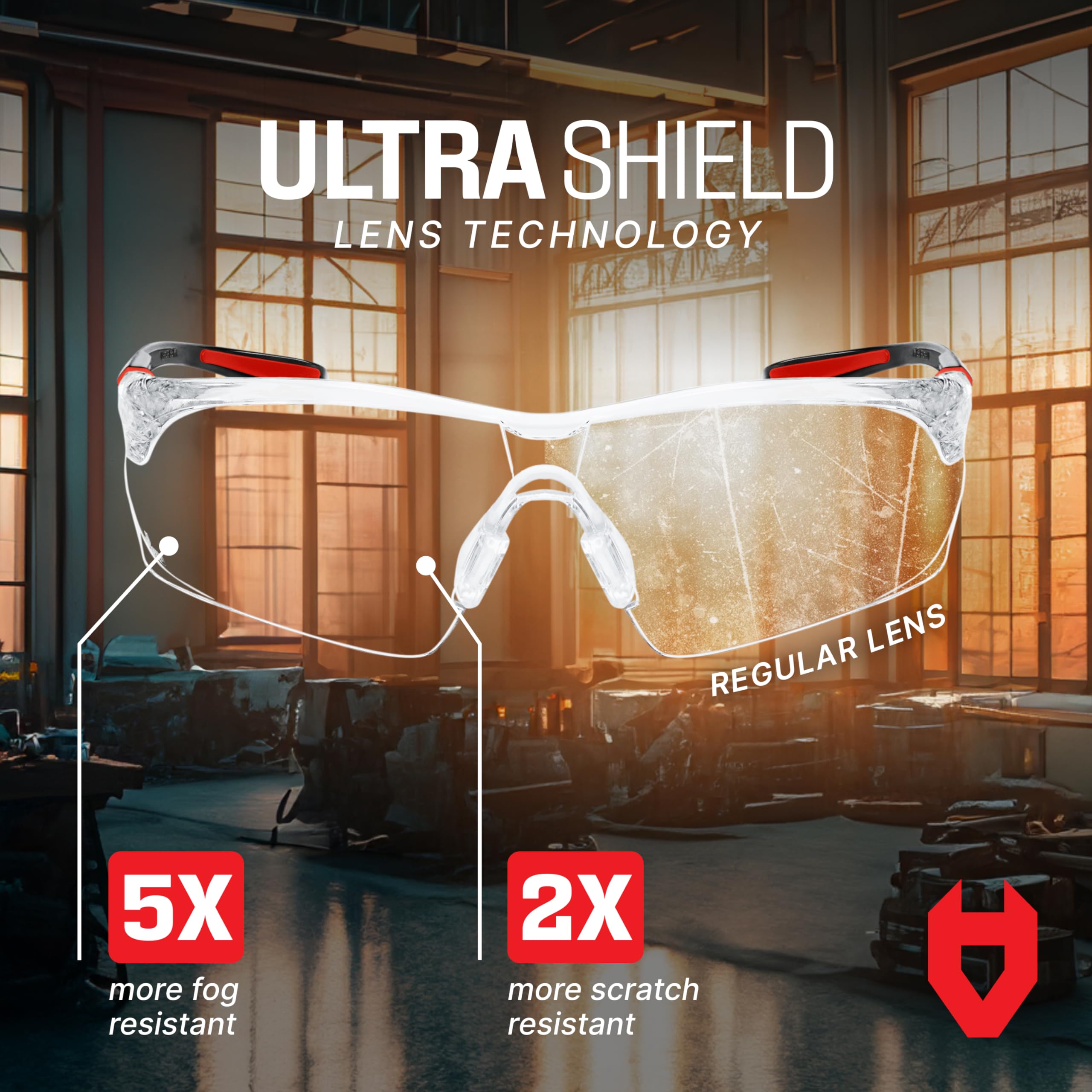NoCry scratch-resistant lens detail highlights durable, clear vision.