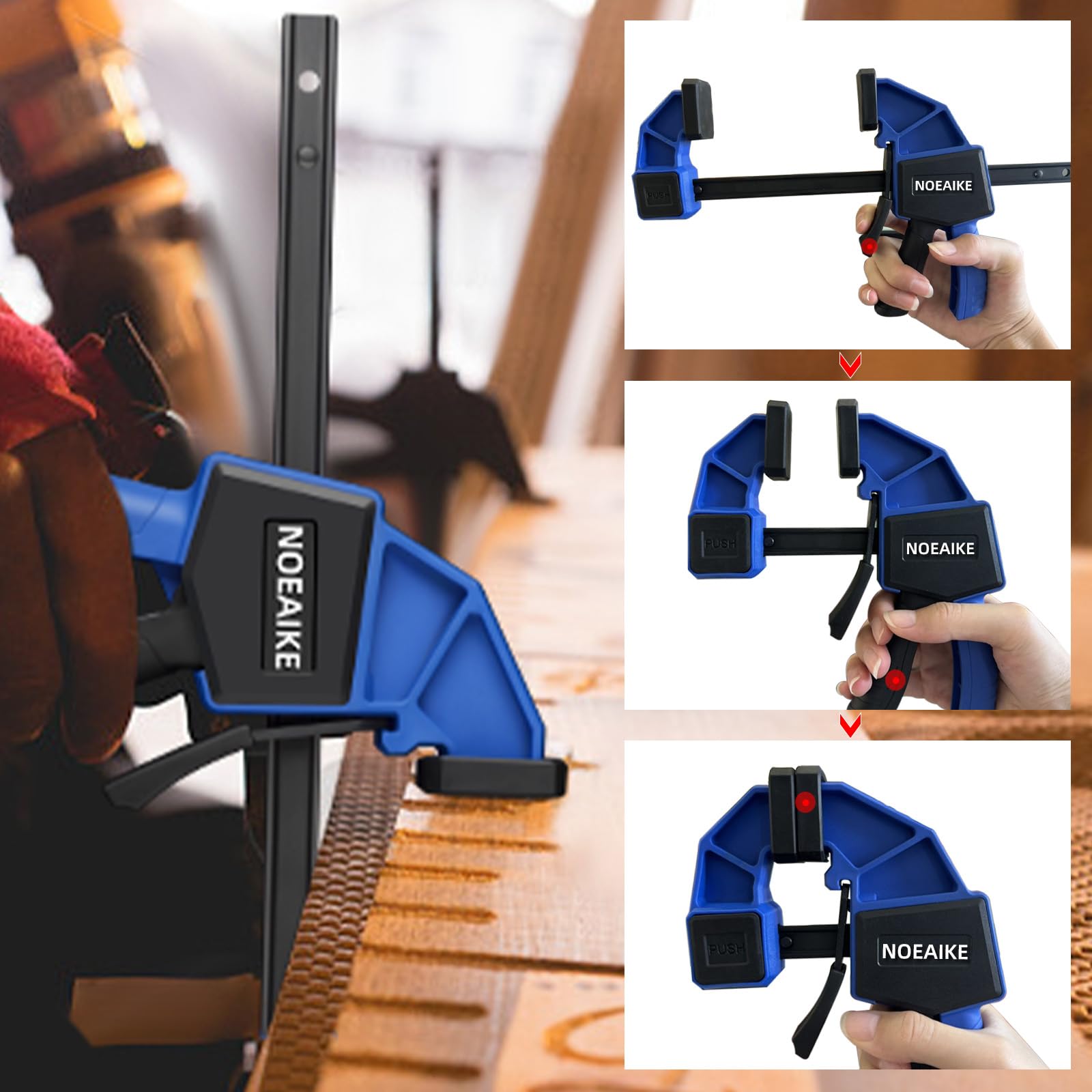 NOEAIKE Bar Clamps spreader-action view demonstrates quick setup during glue-ups