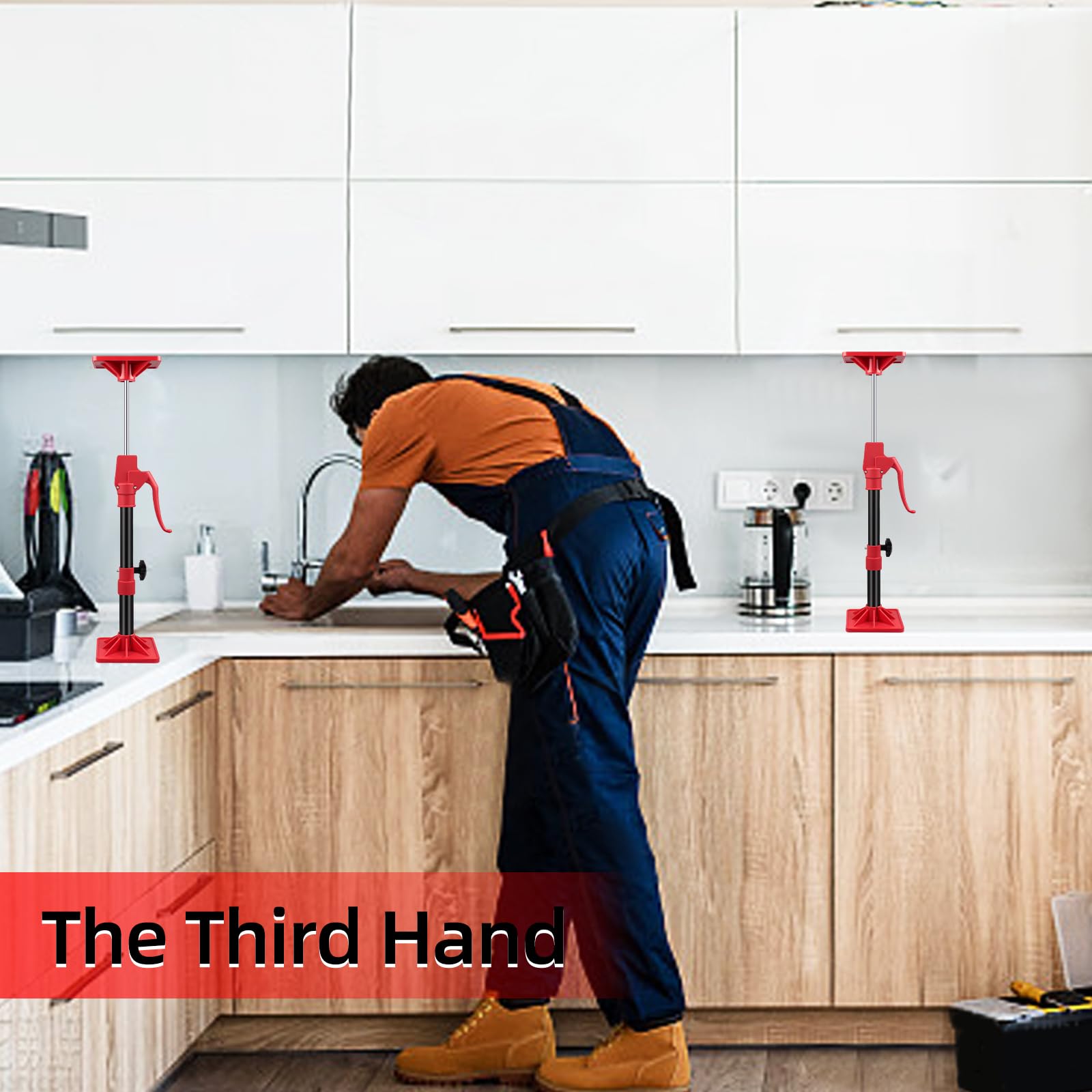 NOEAIKE cabinet jack in use during drywall work keeps hands free.