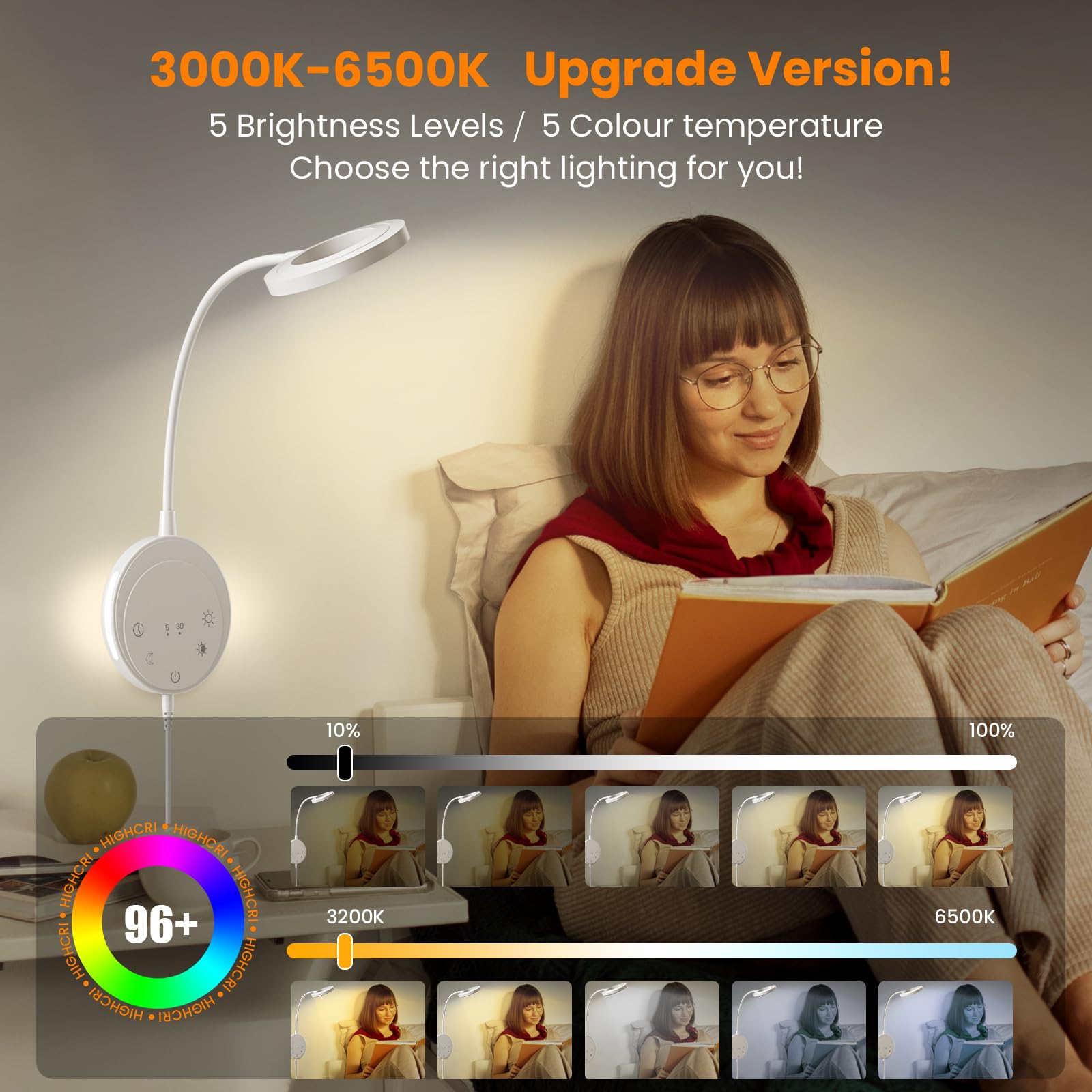 NoeiiT dimmable reading light with five brightness levels for different tasks