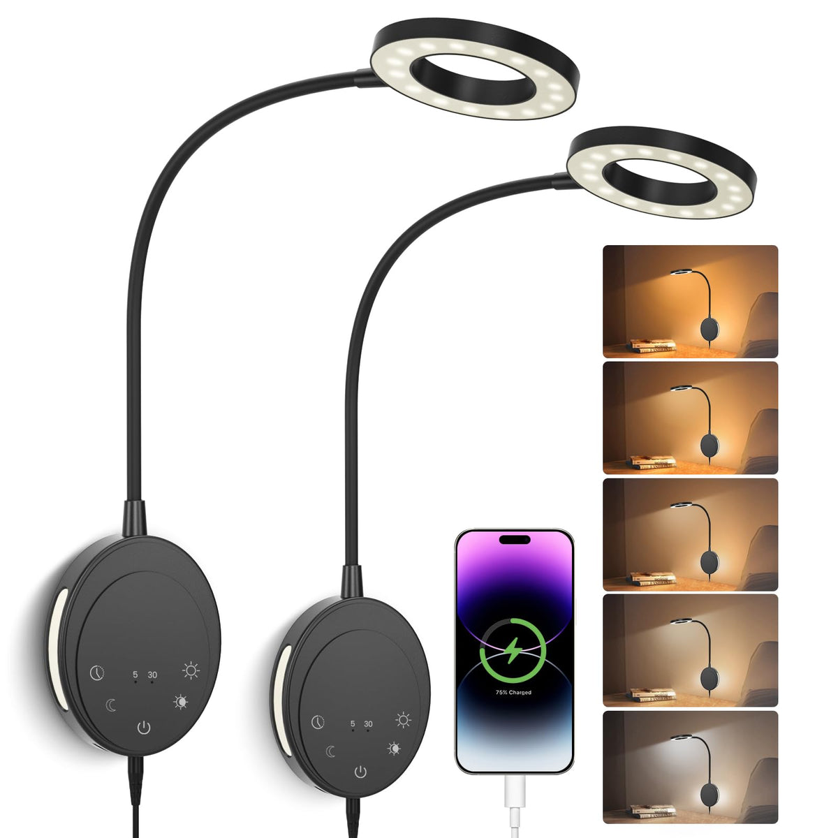 NoeiiT wall-mounted reading light two-pack black front view, ideal for bed reading