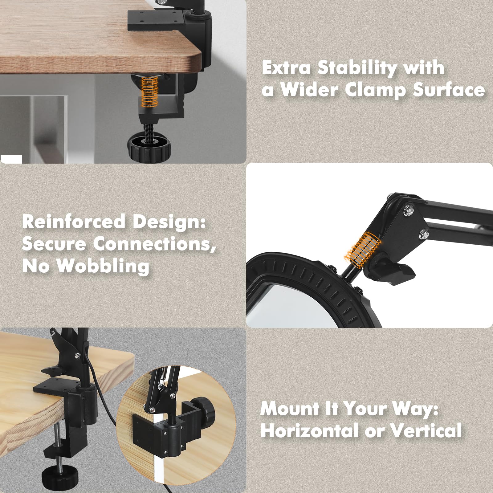 NOEVSBIG four-way mounting and versatile clamp preserve a wobble-free setup.