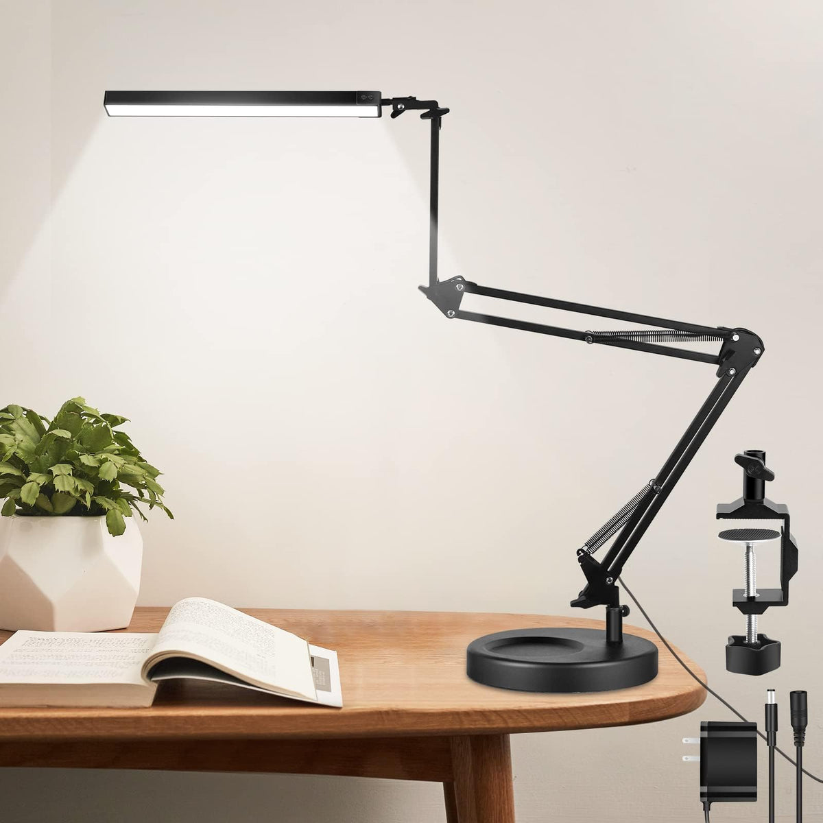 NOEVSBIG LED desk lamp with clamp and base for versatile mounting.
