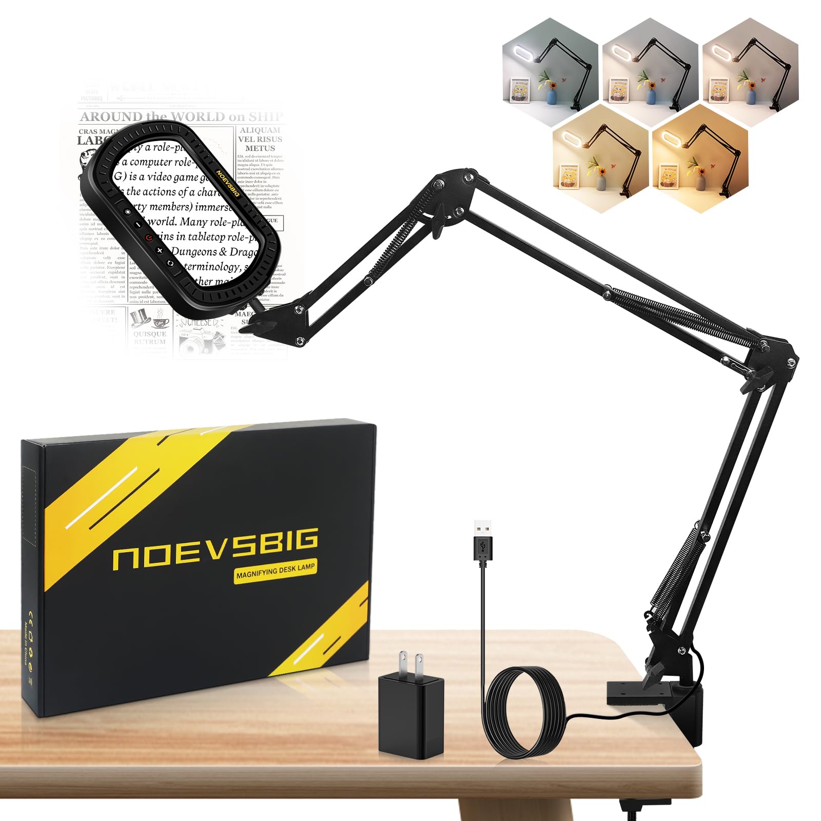 NOEVSBIG rectangle-head magnifier lamp clarifies fine print for steady reading.