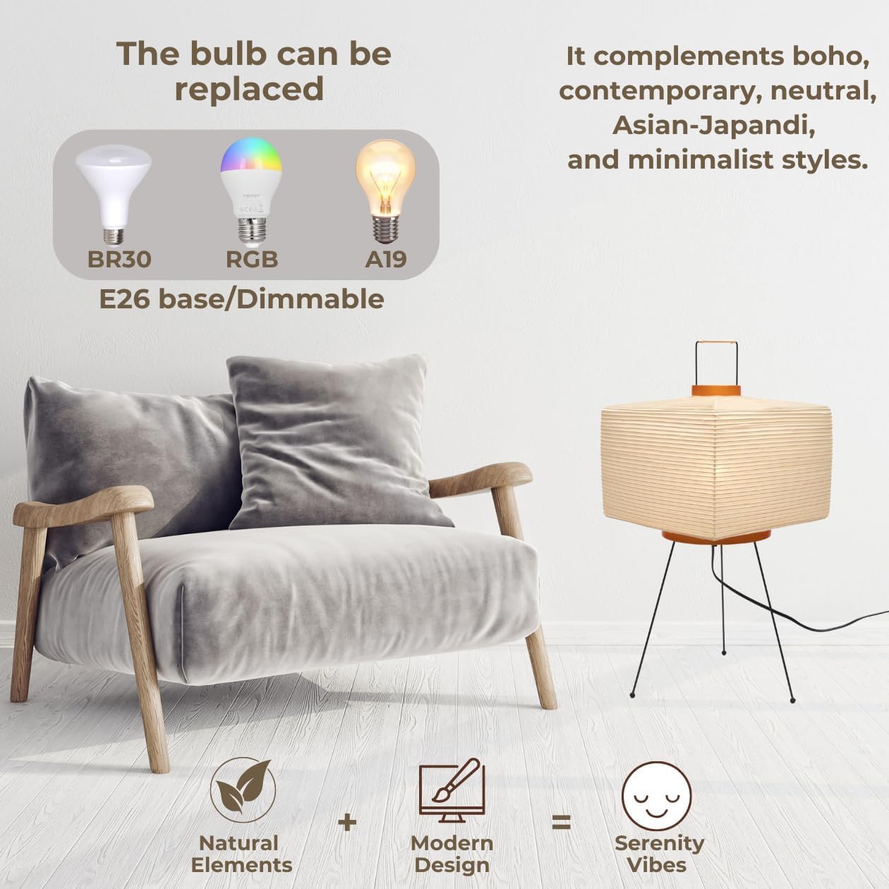 Nogy Akari floor lamp in a bedroom creating soft, relaxing ambience