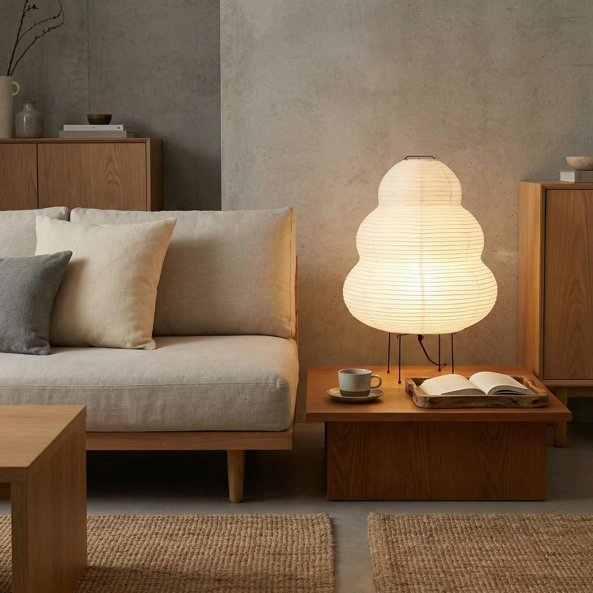 Nogy Akari Japandi decor in a living room with warm glow.