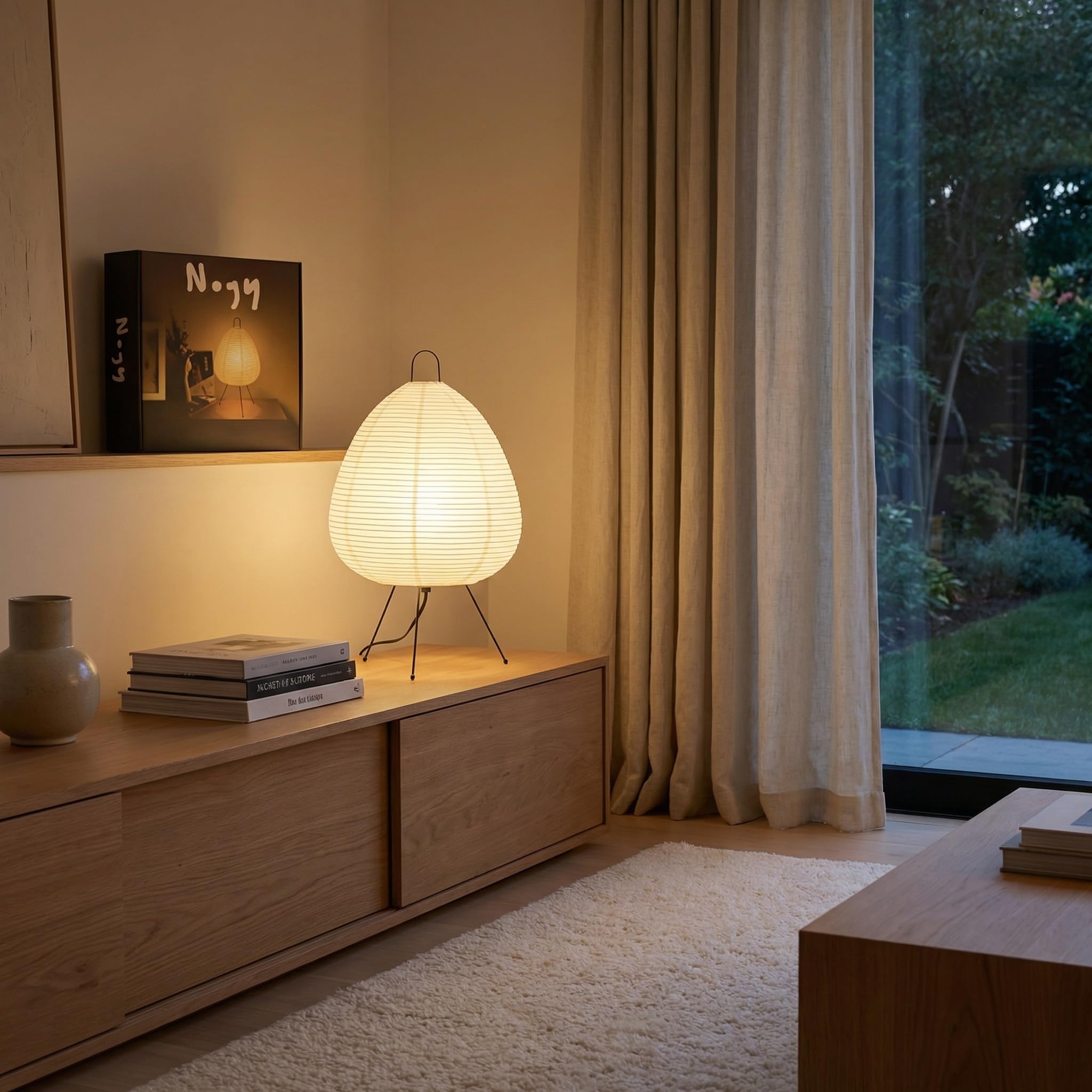 Nogy bedroom reading nook illuminated by warm, cozy lamp light.