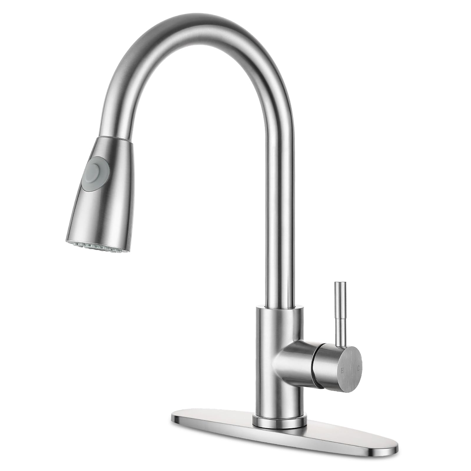 NOHALIPY brushed nickel pull-out faucet showing durable stainless finish for busy kitchens