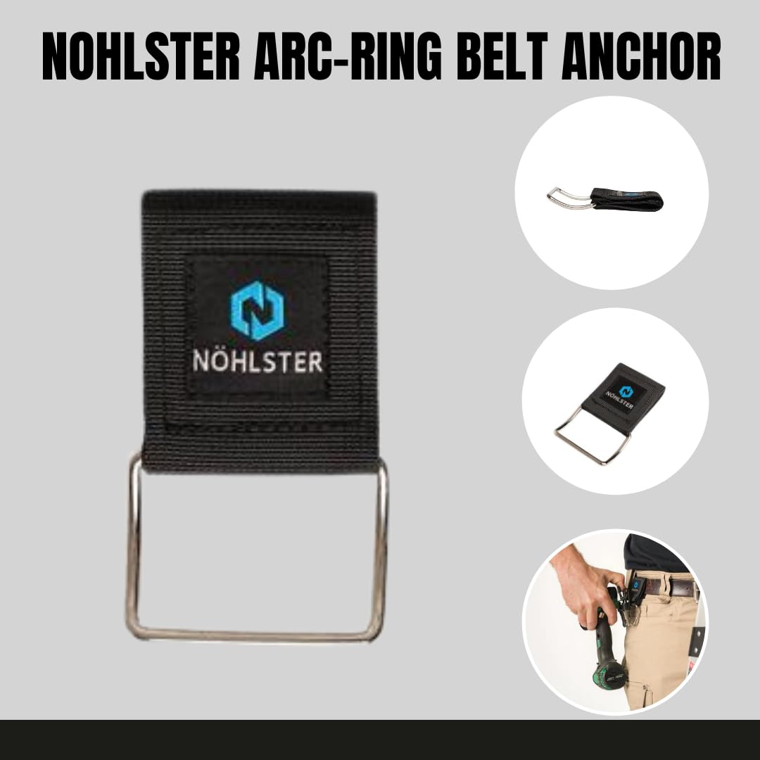 NÖHLSTER Arc Ring Belt Anchor on belt clip demonstrates universal compatibility with many tools.