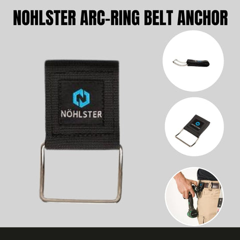 NÖHLSTER Arc Ring Belt Anchor on belt clip demonstrates universal compatibility with many tools.