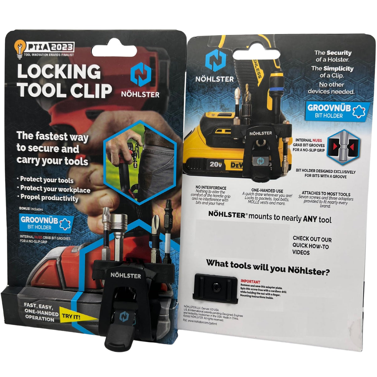 Nöhlster locking drill clip on belt enables secure, hands-free tool carry.