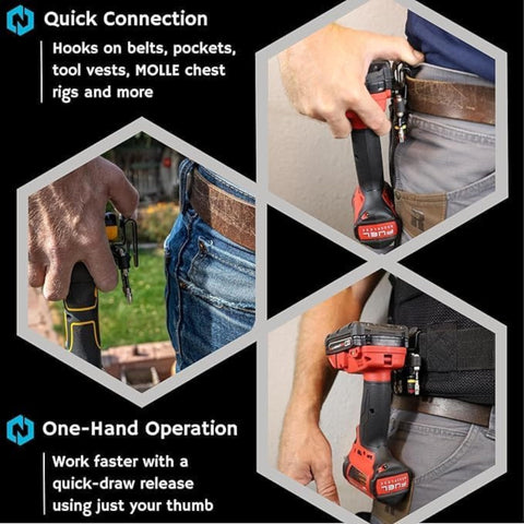Nöhlster clip compatible with DeWalt 20V shown attached to gear.
