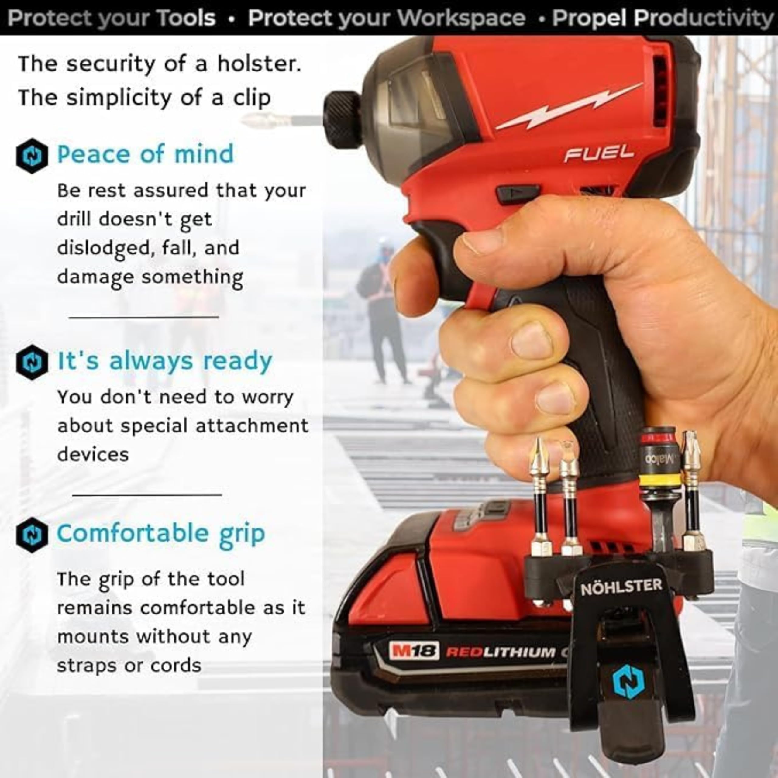 Nöhlster clip lightweight design ideal for roof and ladder work.