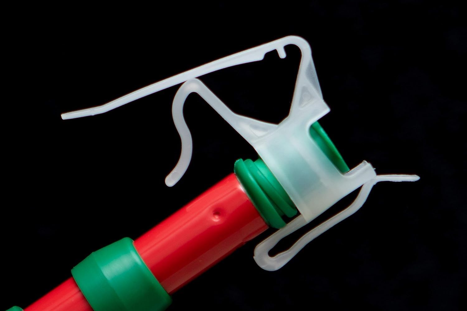 No Ladder clip on threaded-end pole works with compatible light-hanging systems.