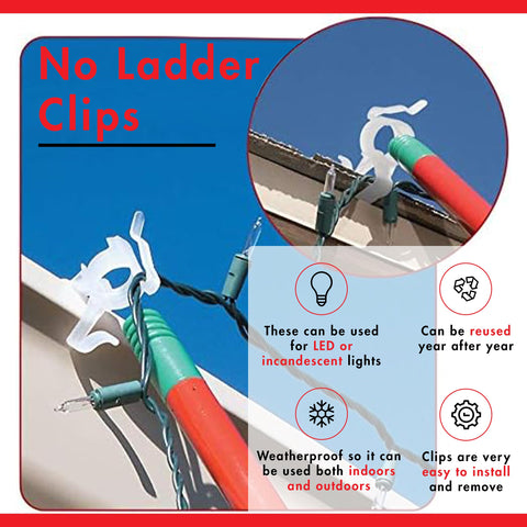 No Ladder clips in use hang lights from the ground for safer installation.