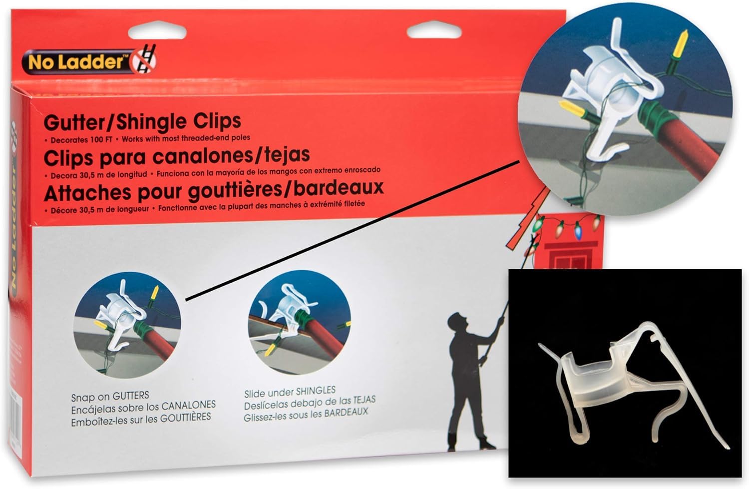 No Ladder clear clips shown with easy-to-use packaging features.