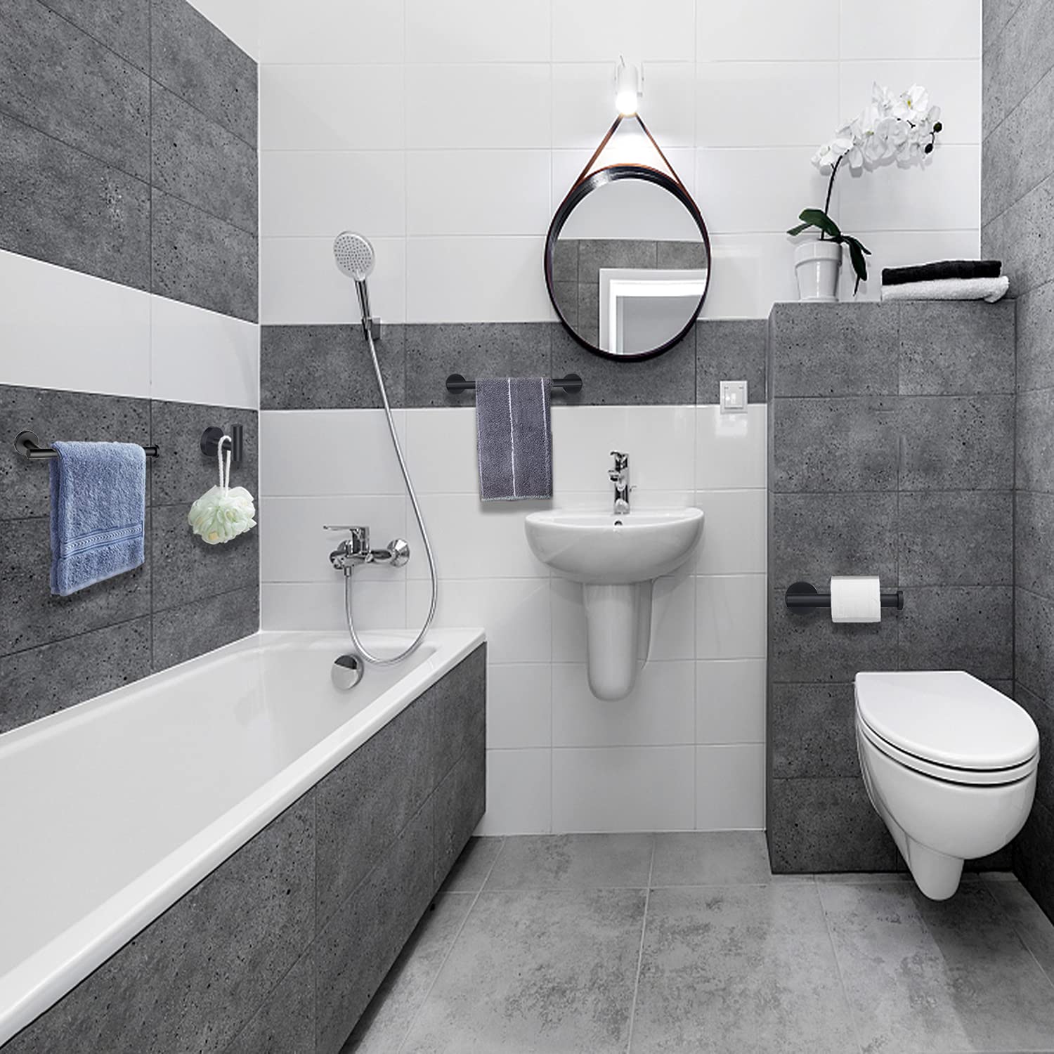 Nolimas matte black wall-mounted towel rack saving space in a bathroom