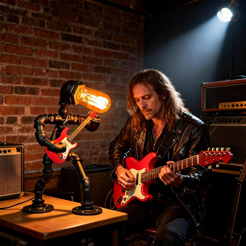 NOMGEG miniature electric guitar model sits neatly on the lamp arm