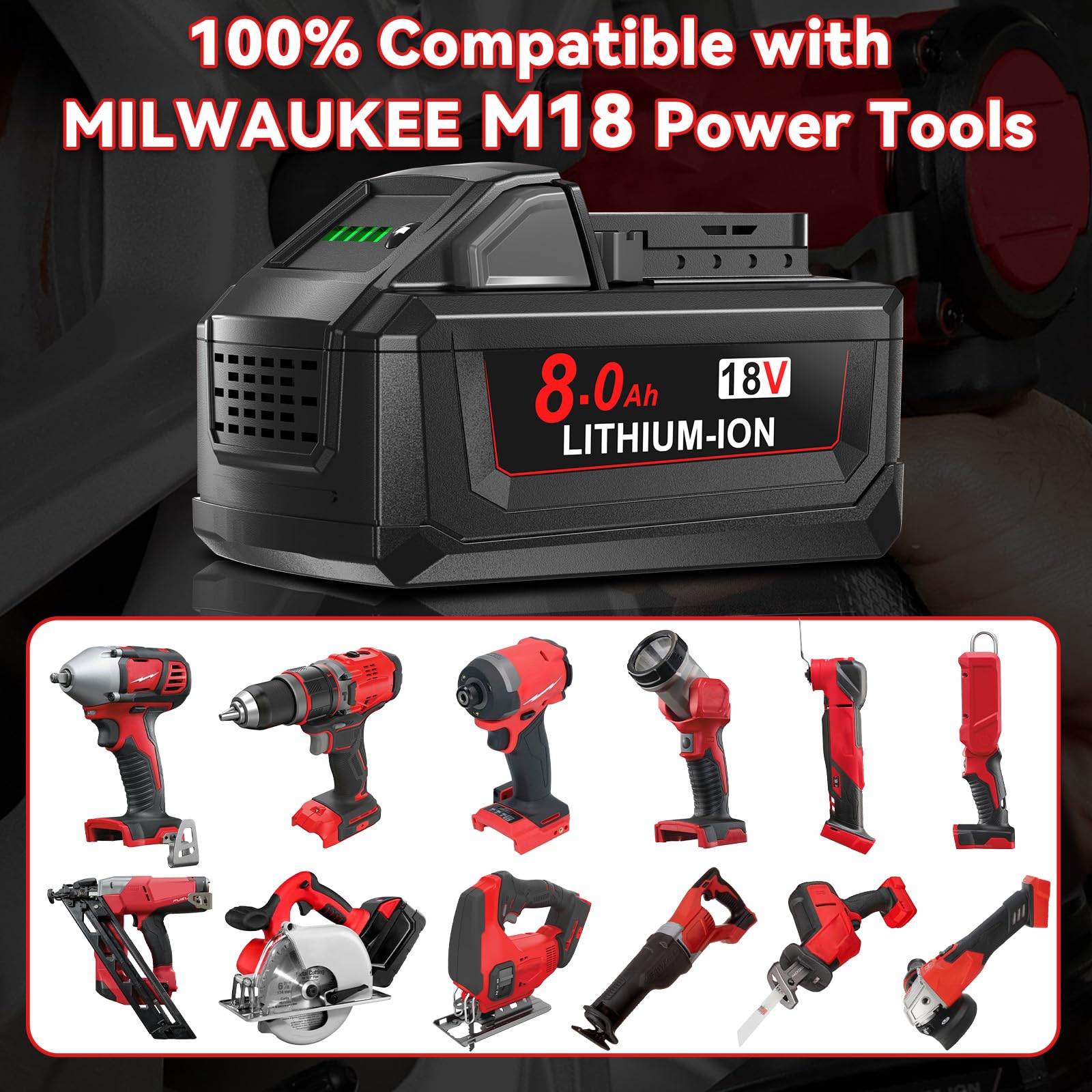 Nonbliep 8.0Ah battery near charger showing compatibility with tools.