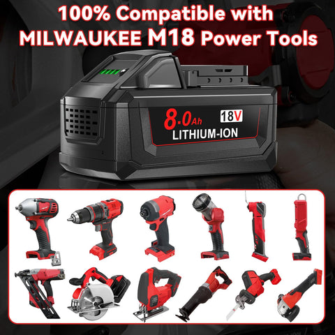 Nonbliep 8.0Ah battery near charger showing compatibility with tools.