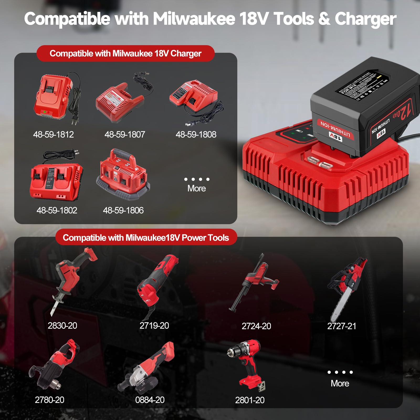 Nonbliep Milwaukee M18 battery pack compatibility with many Milwaukee tools.