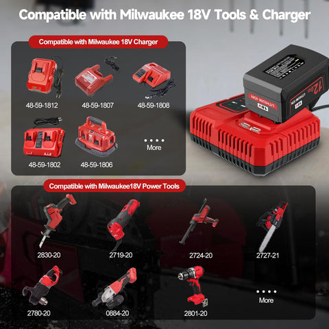 Nonbliep Milwaukee M18 battery pack compatibility with many Milwaukee tools.