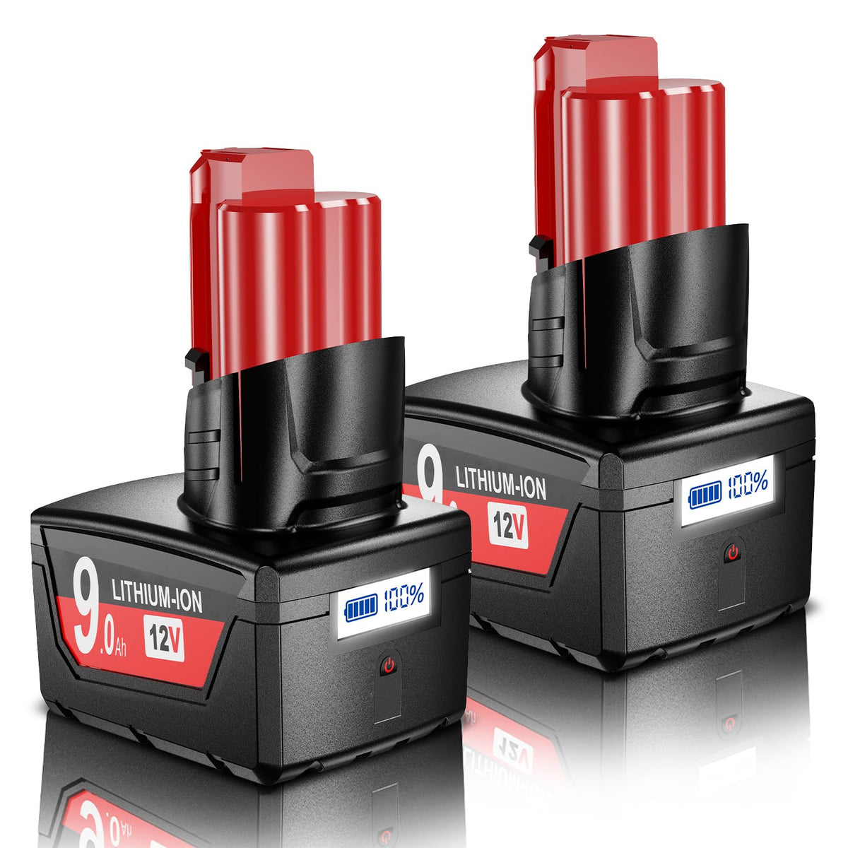 Nonbliep Milwaukee M12 battery with LCD display shows capacity status.