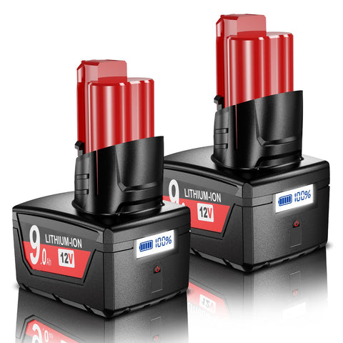 Nonbliep Milwaukee M12 battery with LCD display shows capacity status.