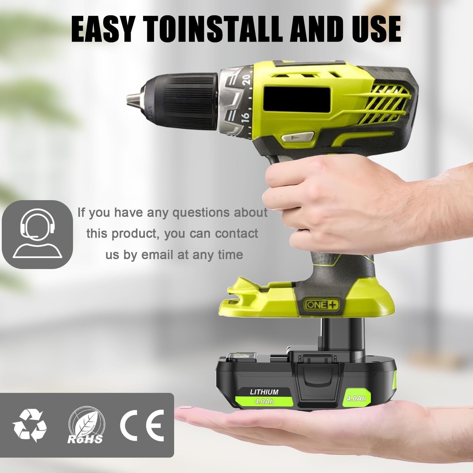 Nonbliep Ryobi 18V battery mounted on drill and saw