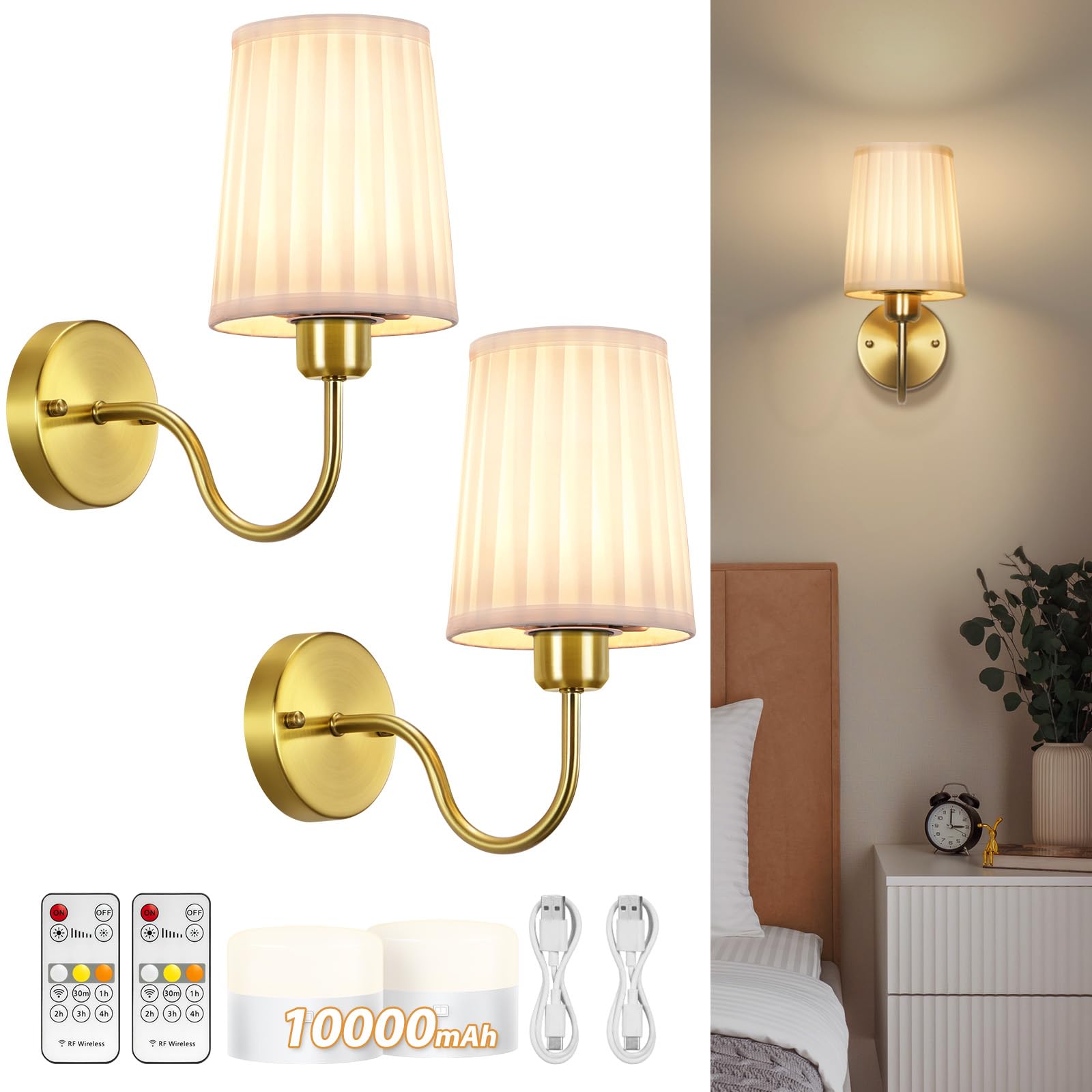 NookNova battery wall sconce set two in gold illuminate a cozy bedroom ambiance