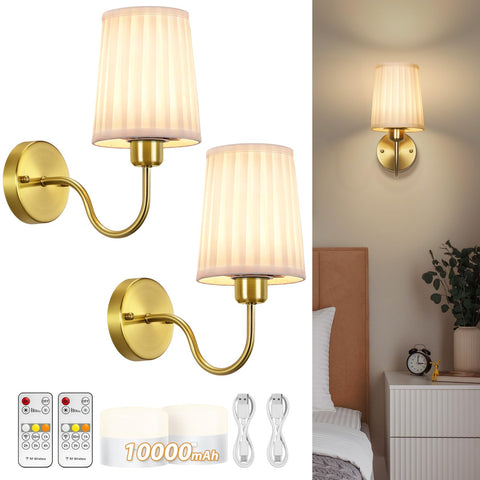 NookNova battery wall sconce set two in gold illuminate a cozy bedroom ambiance